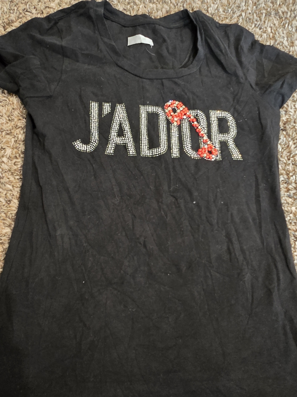 Dior Black Kids' J'ADIOR Rhinestone Tee with Red Floral Accent